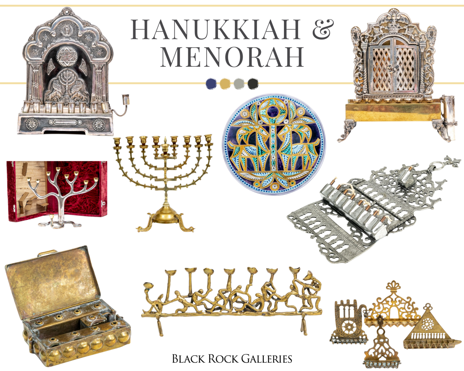 Hanukiah menorahs of brass, gold, silver and other media makes for a unique collection.
